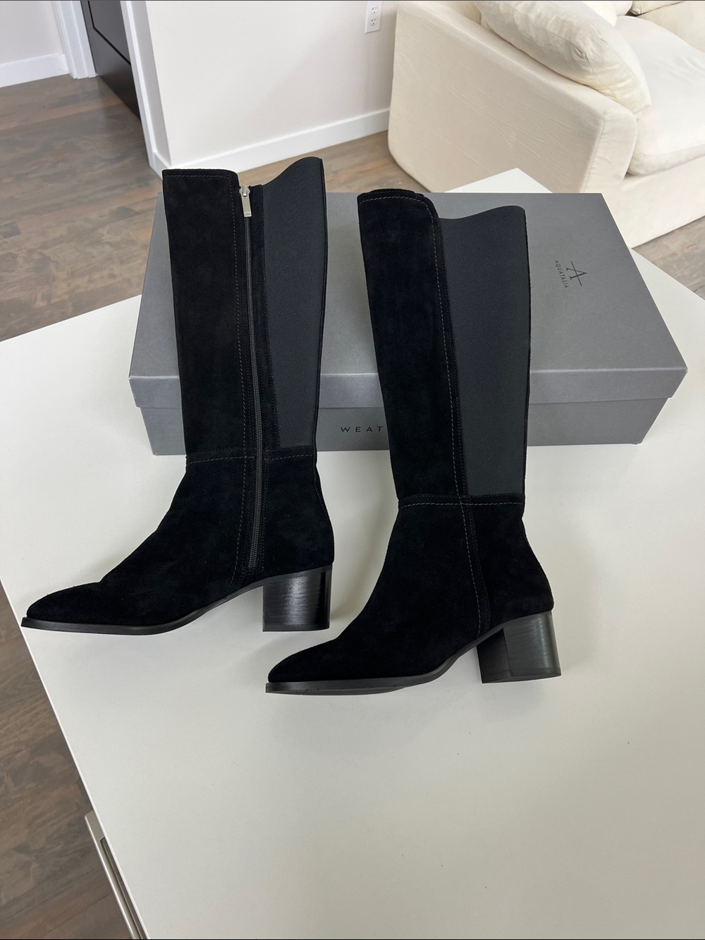 Aquatalia nova black suede leather and elastic heeled knee riding long boots 8